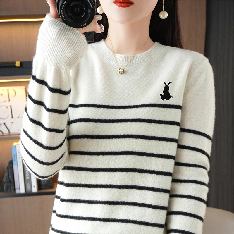 

Classics Stripe Style Pullover Women knitting Wool Cotton Blend Sweater Round Neck Embroidery decoration high quality Loose Tops