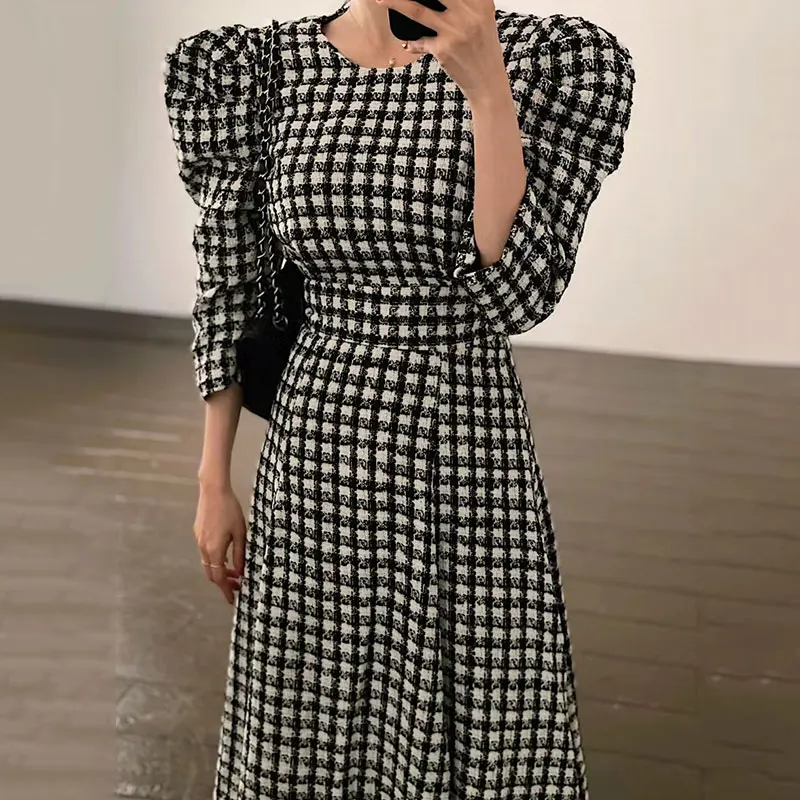 

Ele Autumnal Vintage round Ne Plaid Slimming A-Line Dr Women's High Waist Bubble Sve Midi Skirt Korean Sle