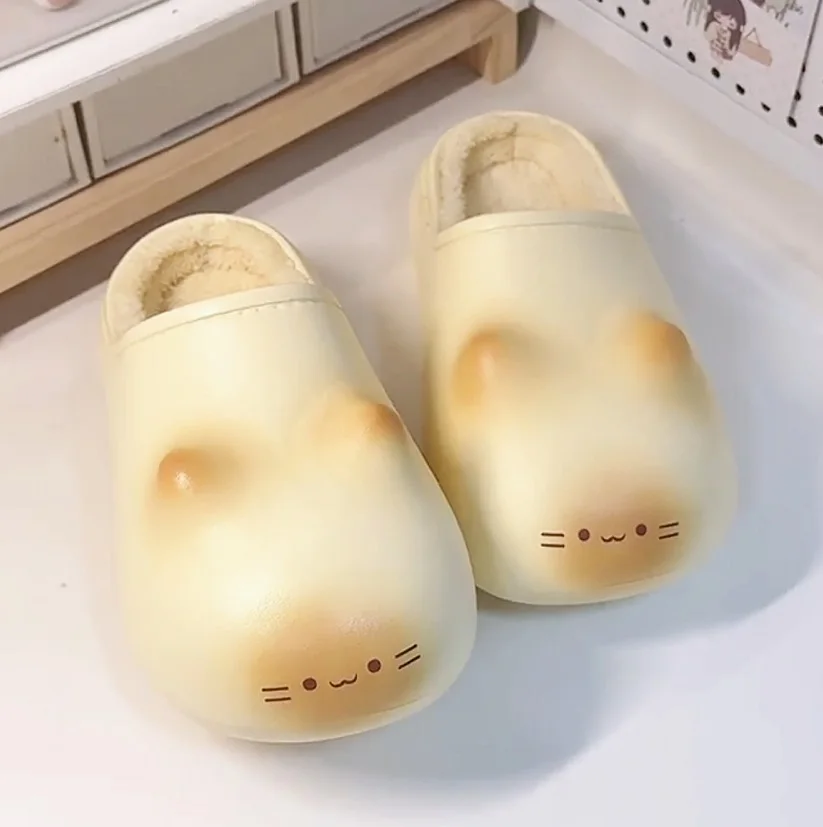 

Kawaii kitty designer slippers women's bottom cat paw shoes winter warm waterproof mules clogs woman kitten home slipper adult