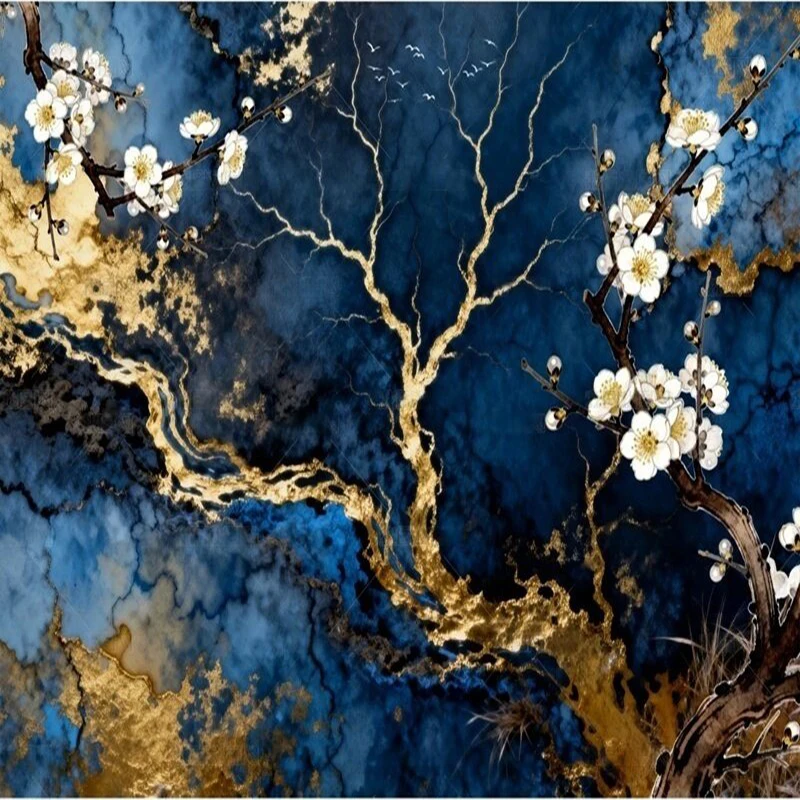 الحديثة الراقية ضوء فاخر الحبر الأزرق غرست بلاط رخامي مذهب زهر البرقوق التلفزيون الفاخرة ديكور المنزل ورق حائط الخلفية #3