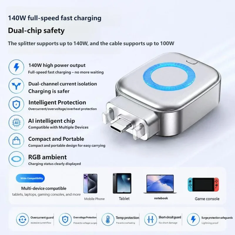 140W AI Smart Auto Cut-Off PD Fast Charger, Full Eject Overcharge Safe & Battery Health for iPhone 16/15 & Android USB-C