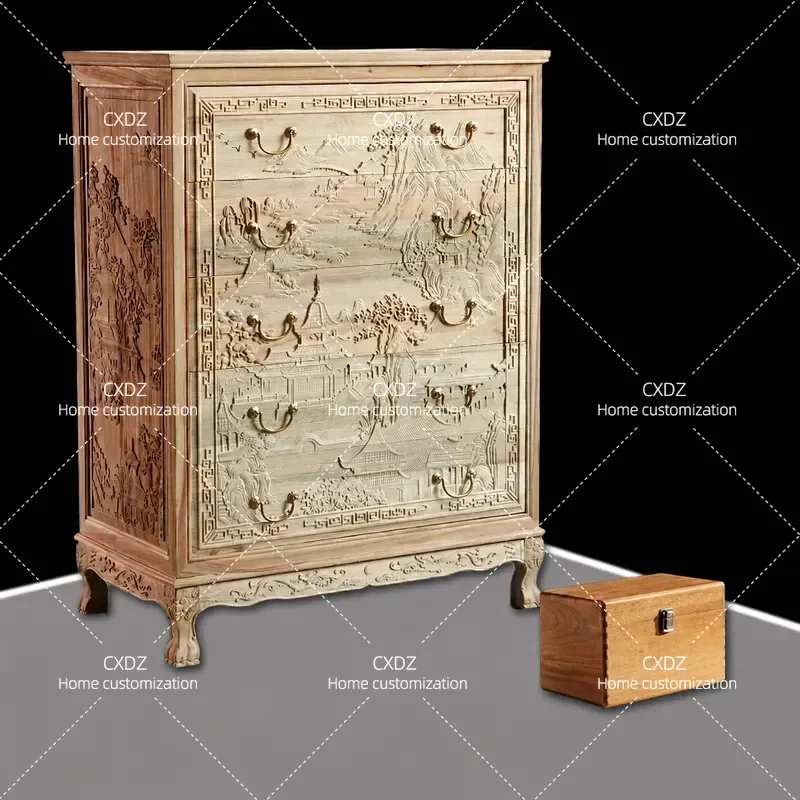 Full Carving Thickened Camphor Wood Chest of Drawers Vintage Chinese Style Storage Cabinet 36 Drawers Organizer Furniture