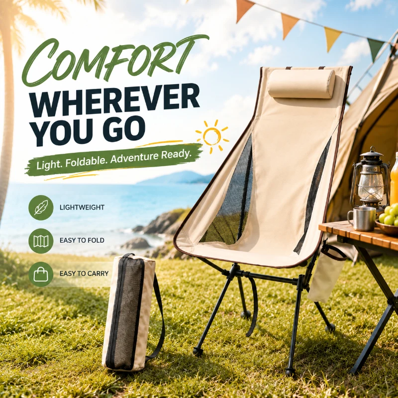 

Outdoor Foldable Fishing Chair with Detachable Headrest, Premium Aluminum Alloy Frame Portable Travel Camping Lounge Furniture