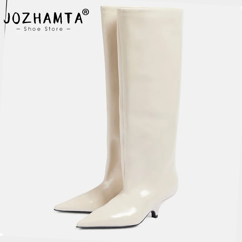 JOZHAMTA Size 34-43 Knee High Boots For Women Genuine Leather Kitten High Heels Shoes Winter Slim Long Knight Boots Shoes Woman