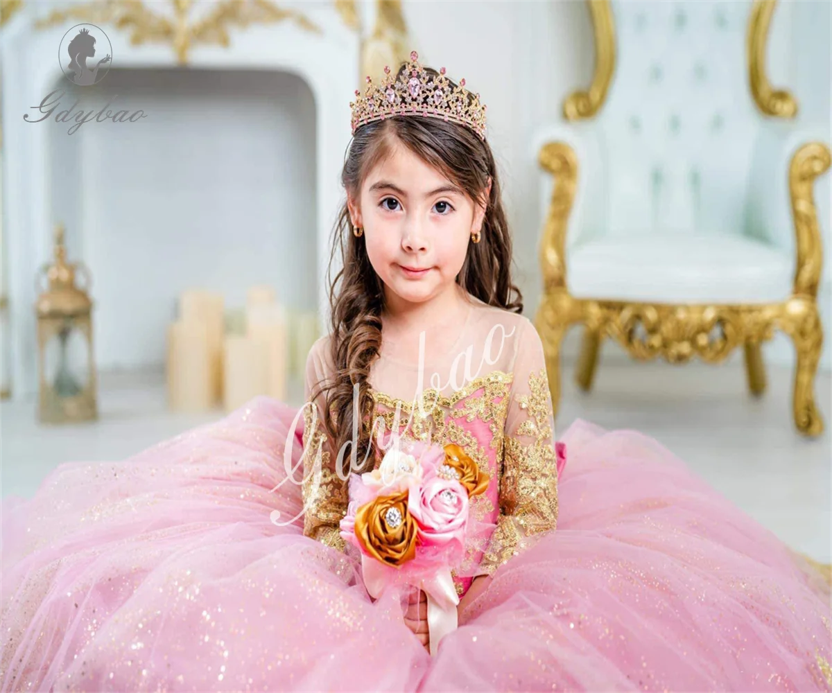 Party Pink Flower Girl Dresses Long Sleeves Golden Decal Princess Bow Prom Pageant Robe Evening Dresses for Special Occasions