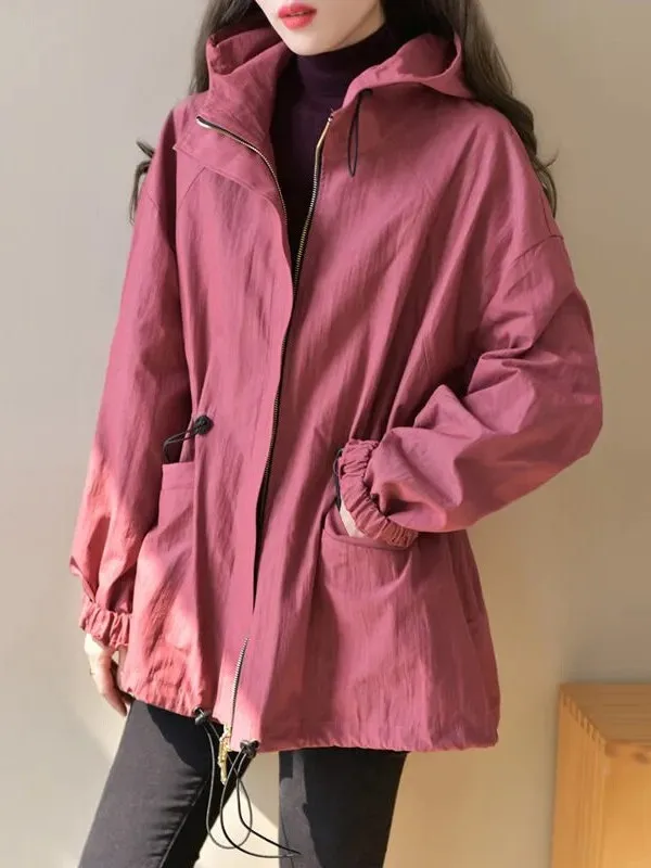 

Casual Women's Windbreaker Jaet Coat Mid-Length Workwear Sle with Hood Waist-Cinching Zipper Closure Color