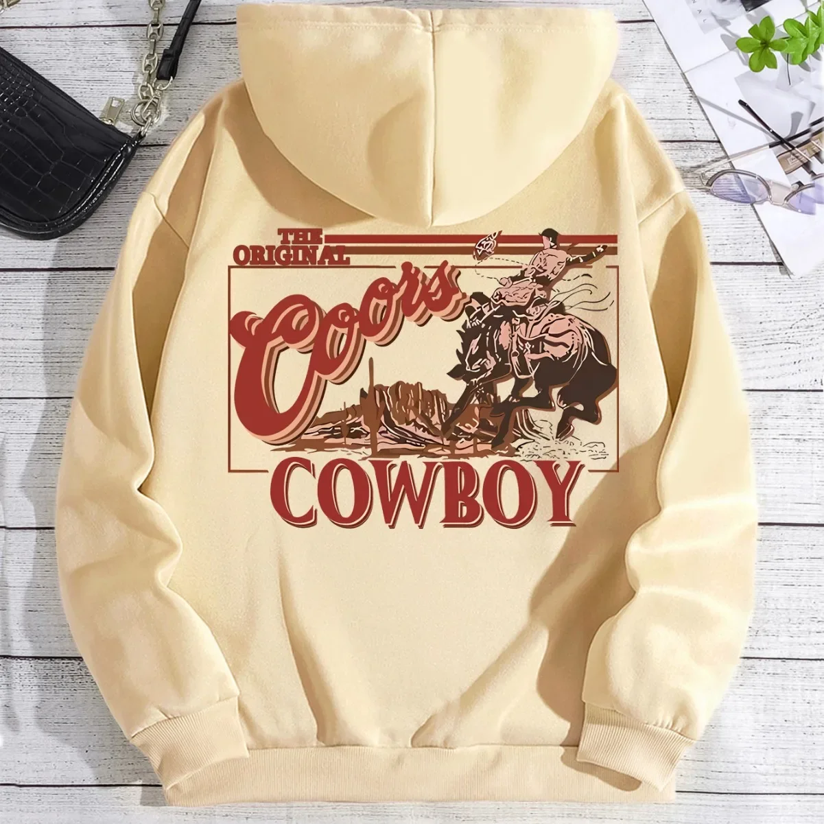 Autumn Winter New Style Coors Western Denim Printing Back Hooded Fleece Lined Sweatshirt For Women Outside Trade