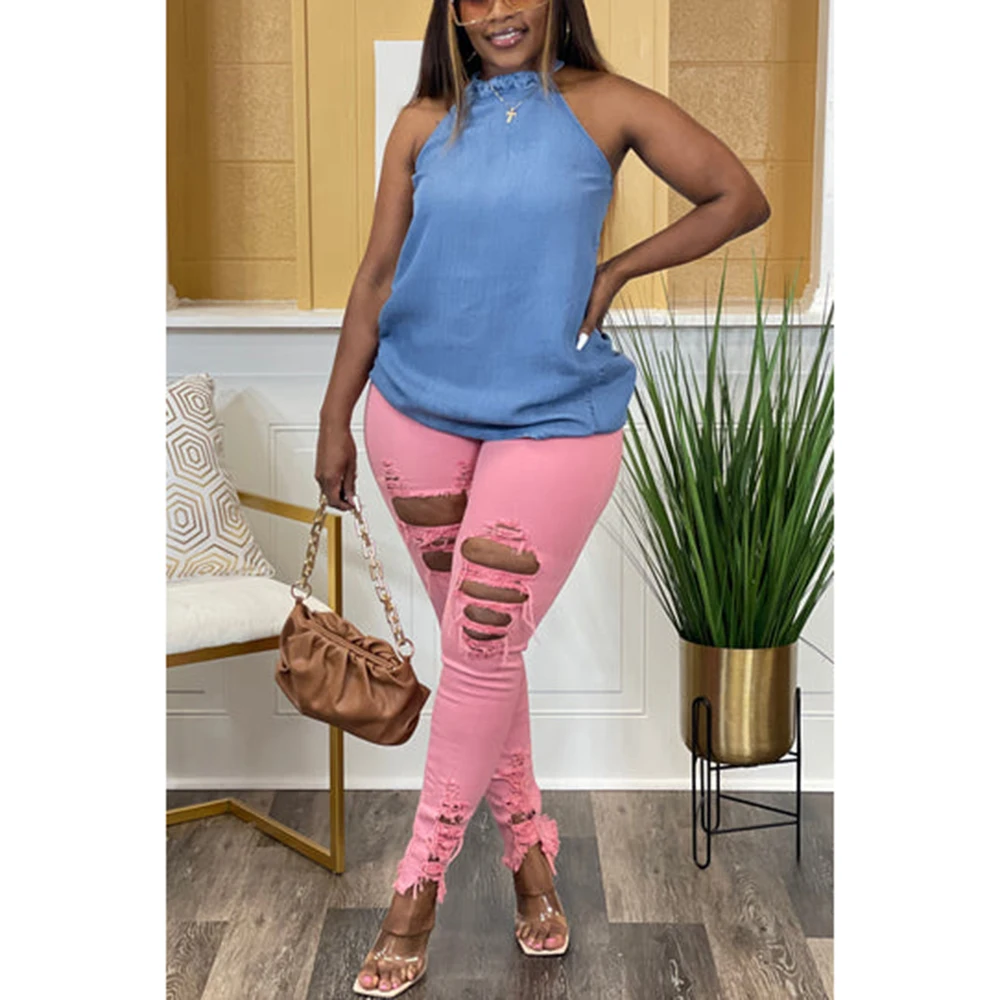 Plus Size Casual Roze Stevige Strakke Gescheurde Denimbroek Met Kwastjes