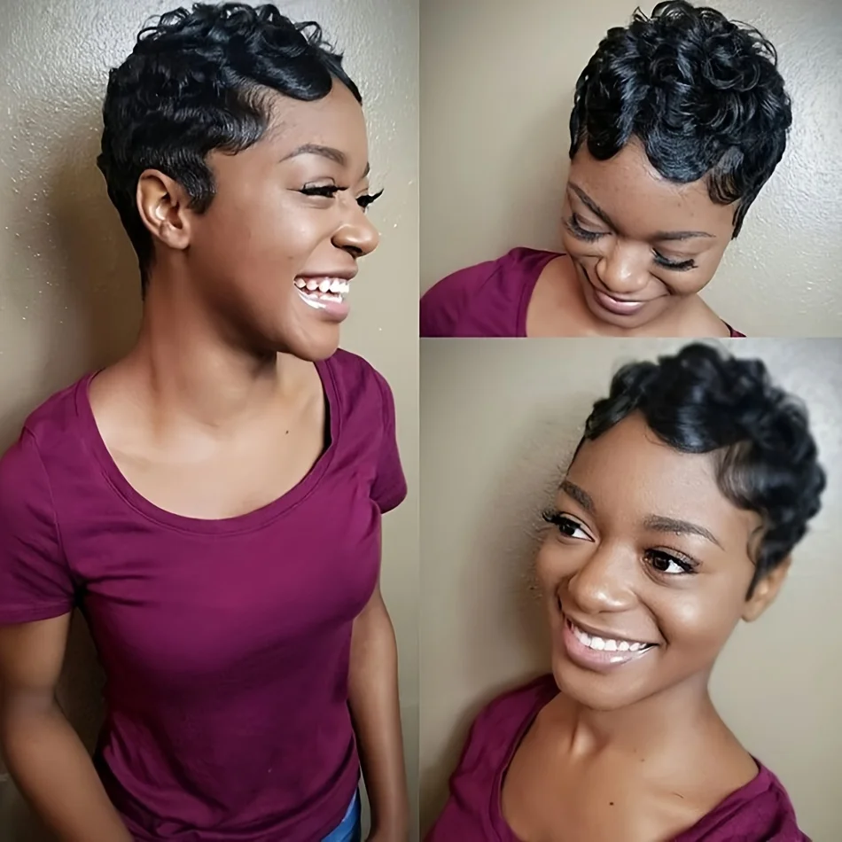 

short pixie cut wave 100% human hair finger wave for women full machine made human hair wig