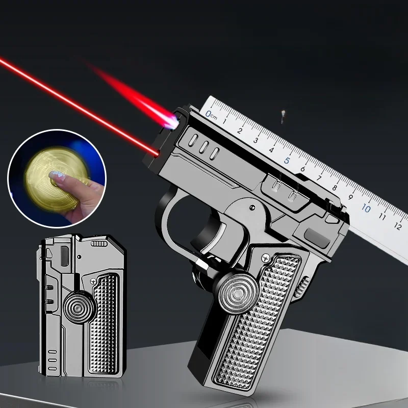 HOT Metal Folding Gun Type Gyroscope Windproof Direct Charge Red Flame Butane Gas Lighter Fun Laser Light Cigar Lighters Smoking