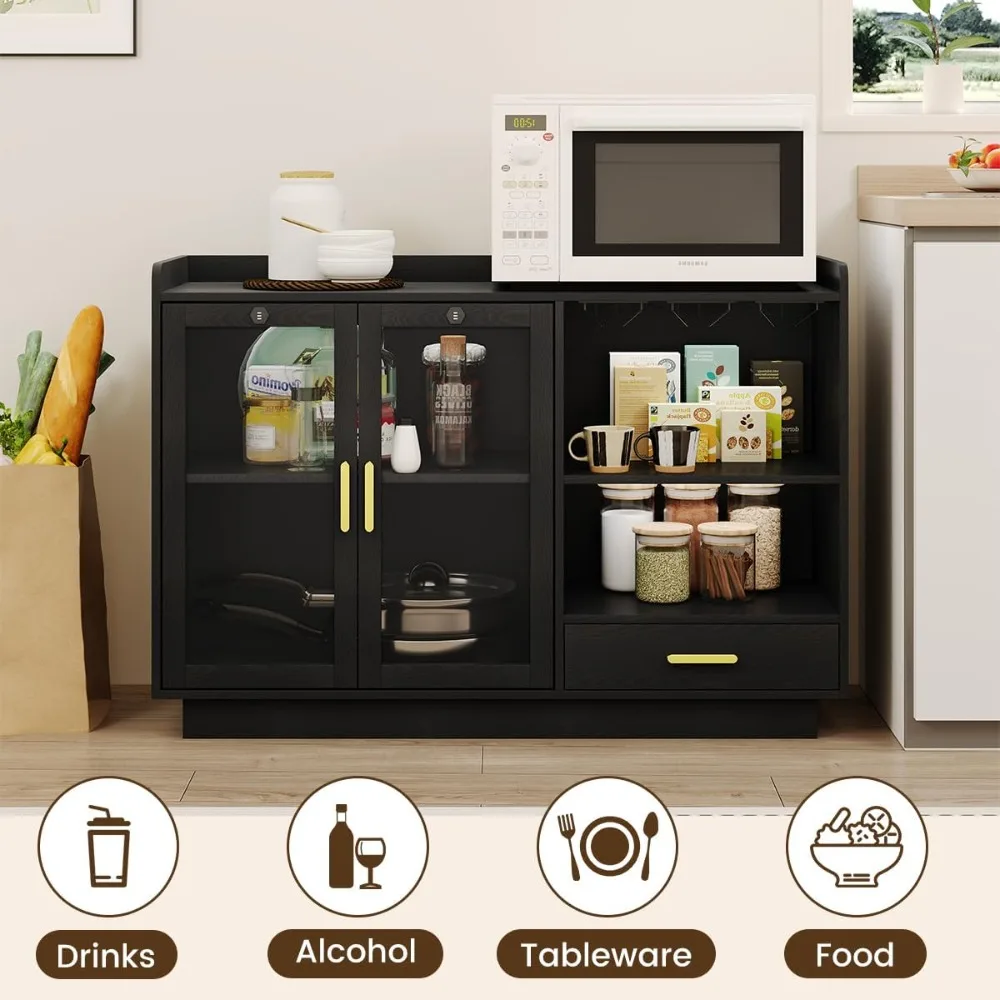 Design Modern Wine Bar Cabinet with LED Light & Locked Glass Door, Floating Coffee Bar with Power Outlets & Glass Rack