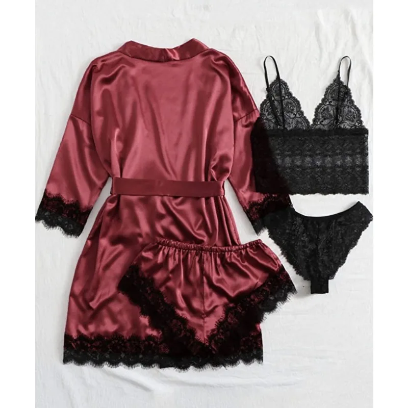 4Pcs/set bathrobe women\'s shower erotic lingerie home wear lace camisole shorts ladies solid colour nightgown pajamas four sets