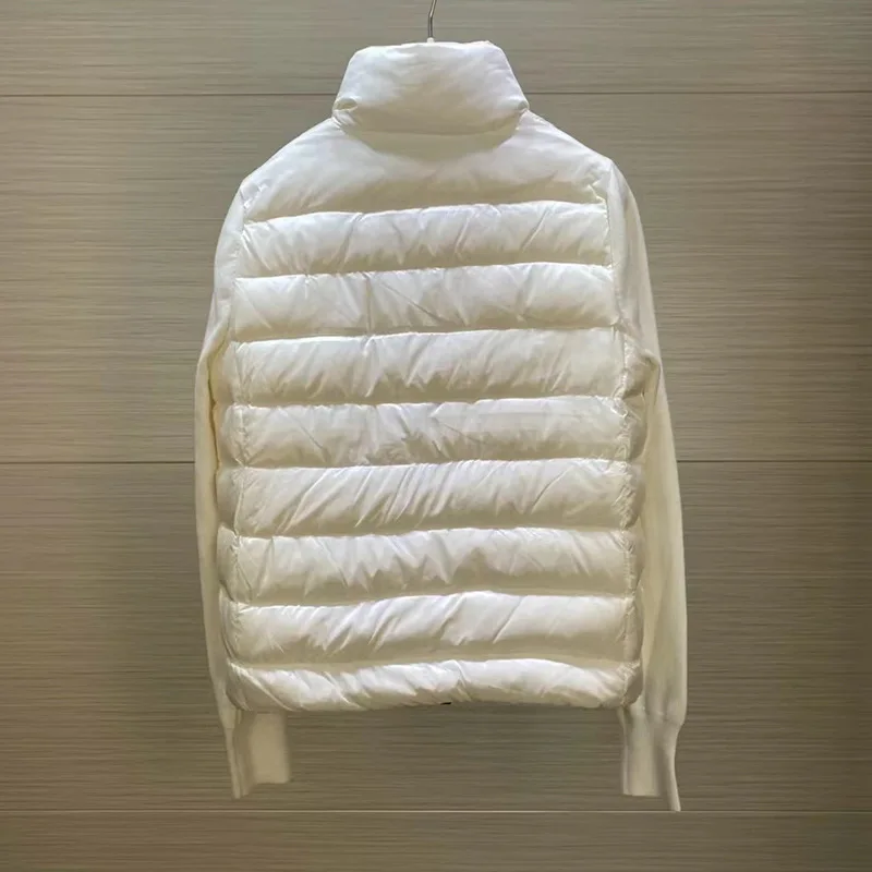 Knitted and spliced down jacket for autumn and winter 2023, versatile top for outerwear, white duck down light and thin standing