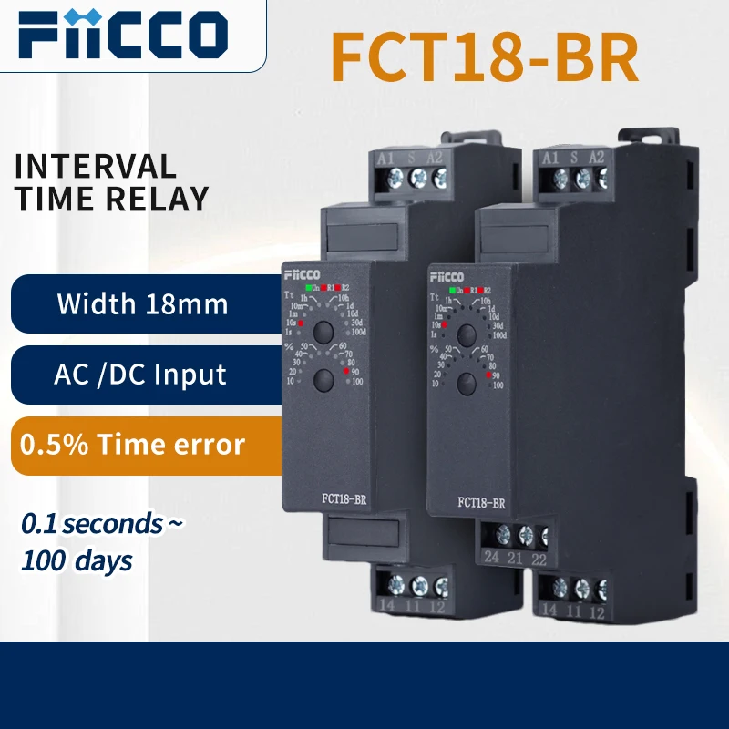 

Fiicco FCT18-BR Монтаж на DIN-рейку DC24V с одним интервалом, таймер задержки выключения с сигналом управления для панелей управления