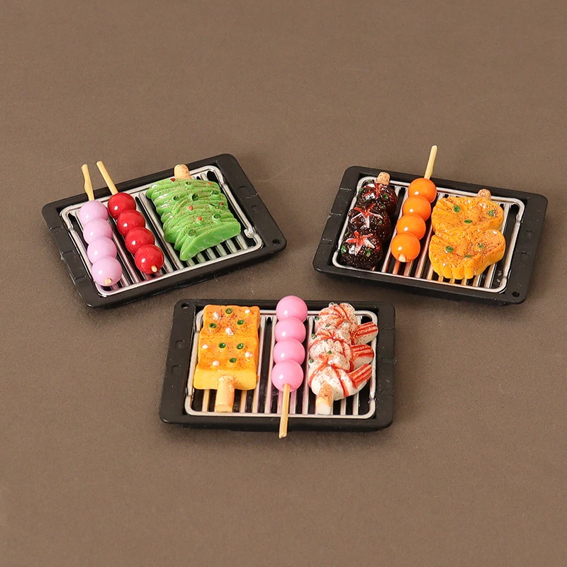 1Set 1:12 Dollhouse Miniature Barbecue Grilled Skewers W/Tray Food Model Kitchen Decor Toy Doll House Accessories