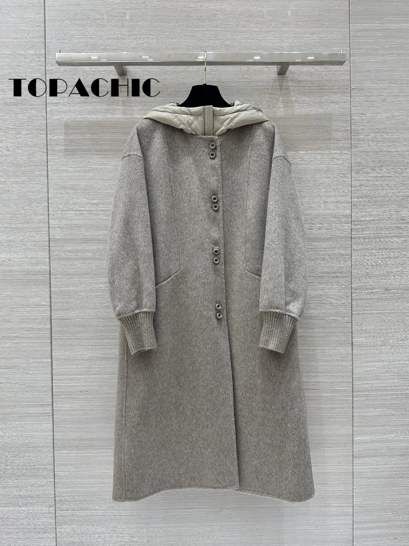 10.7 TOPACHIC-Women Two Piece Set Design Hooded Down Lining Double-Sided Wool Coat Cuff Ribbed Knit Straight Button Outerwear