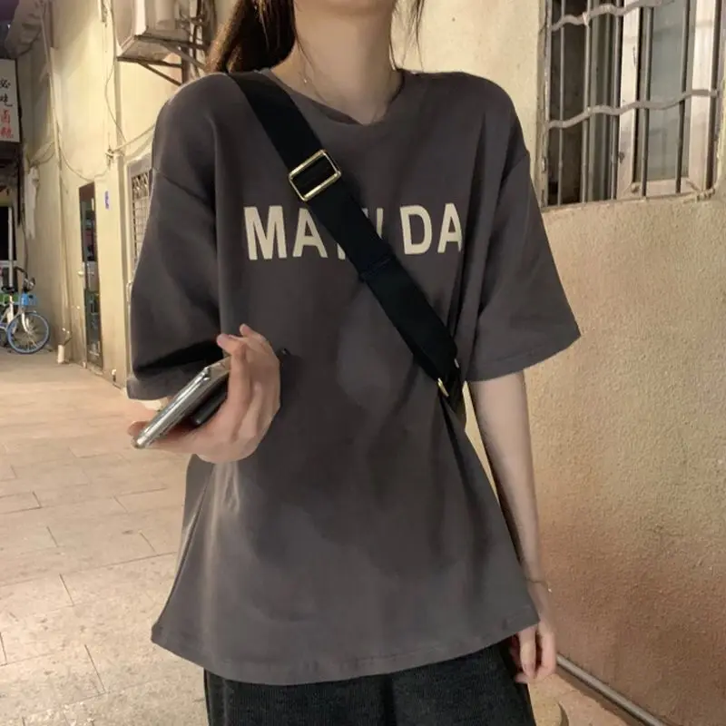 

New Street Casual Printing Letter T Shirts Summer New Short Sleeve Solid Loose Simplicity Tops Tees Vintage Trend Women Clothing