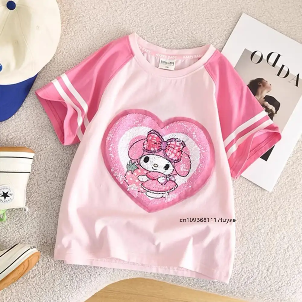 سينامورول كارتون سانريوس الاطفال قصيرة الأكمام Kawaii ميلودي كورومي لطيف أنيمي الترتر تي شيرت الصيف بلايز تنفس قصيرة الأكمام