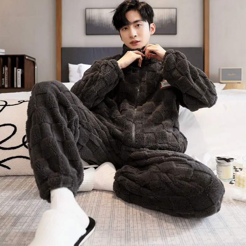 Zipper Pajamas for Men Fleece Winter Sleepwear Korean Sleeping Night Wear Solid Pijama 2 Pcs Pants Sets Warm Home Suit 2024 New