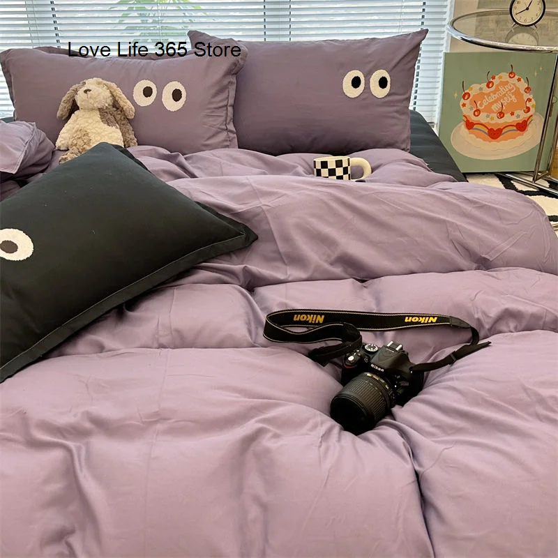 Imagem -05 - Ins Grande Eye Conjunto de Cama de Cor Sólida para Meninas e Meninos Lençol Duplo Capa de Edredão Fronha Roupa de Cama Têxtil Doméstico Roxo Preto