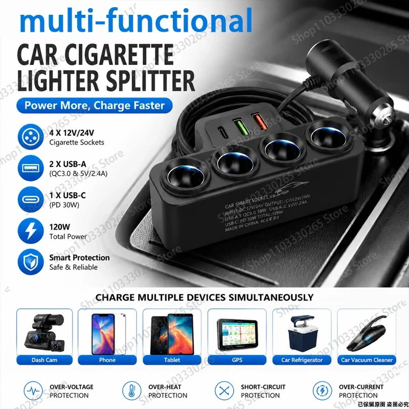 120W Car Cigarette Lighter Adapter, PD 30W QC 18W Fast Charger Splitter for Phones, Dash Cams & Accessories