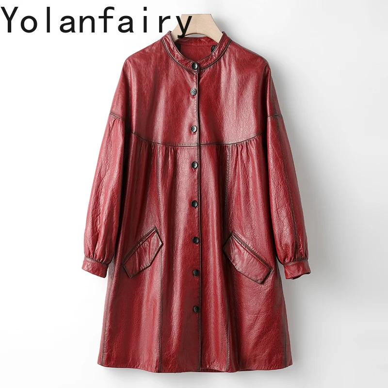 YOLANFAIRY سترة جلدية أصلية للنساء لخريف وشتاء متوسط الطول 100% معطف من جلد الغنم الحقيقي امرأة عباءة جلدية فضفاضة Chaquetas #1