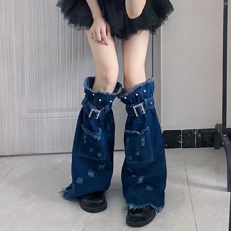 Women Denim Leg Warmers Adjustable Buckle Retro Knee High Socks Aesthetic Boot Cuffs for Streetwear Clothes Accessories