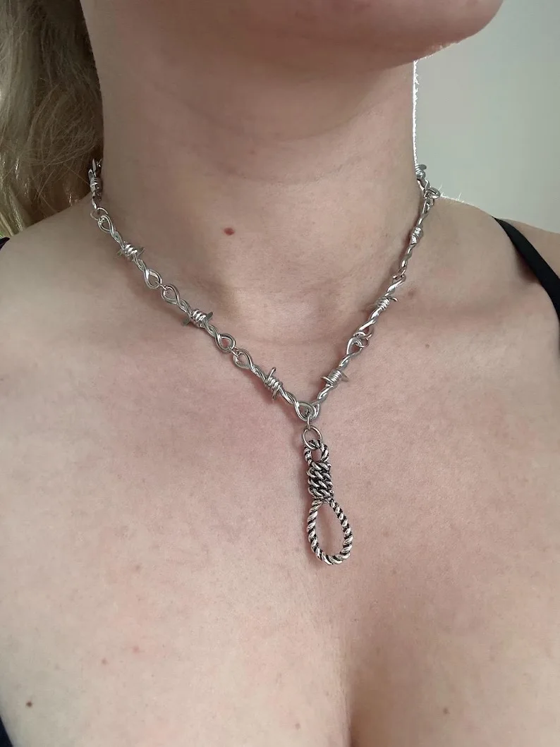 Barbed Wire Silver Hangman's Noose Necklace | Medieval Goth Alt Emo