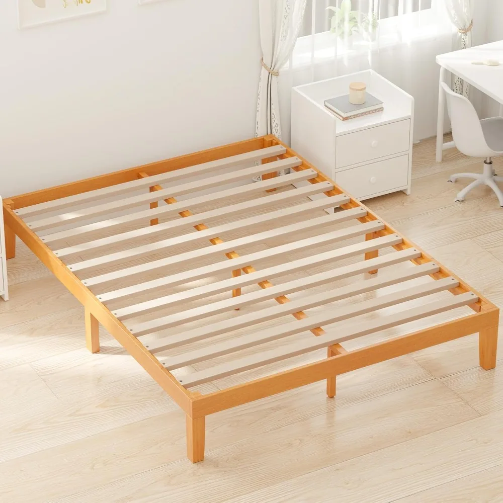 

12in Queen Size Wood Bed Frame, Mattress Foundation w/Support Slats, No Spring Needed, Storage Space Under Base, Easy Assembly