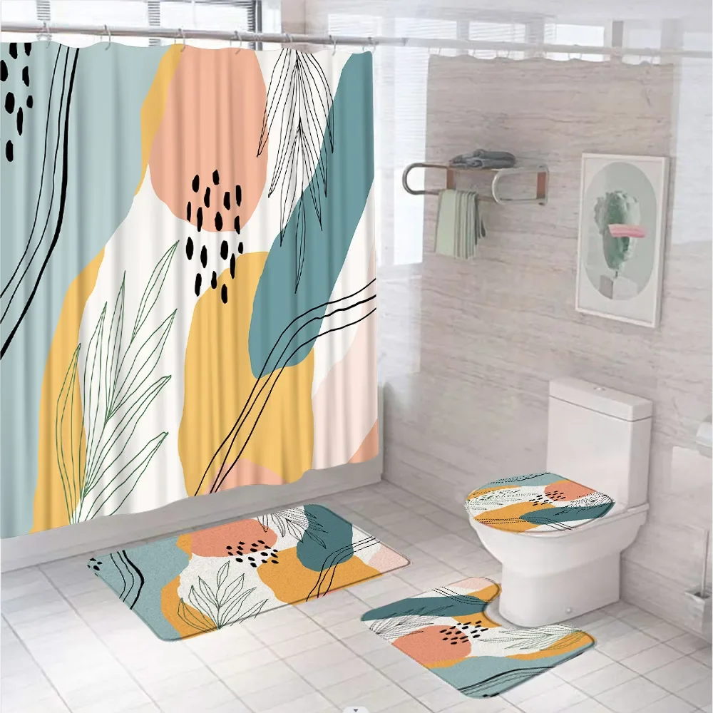 4Pcs Abstract Art Leaves Flower Shower Curtain Set Medieval Design Bathroom Decor Curtain Non-Slip Rug Toilet Lid Cover Bath Mat