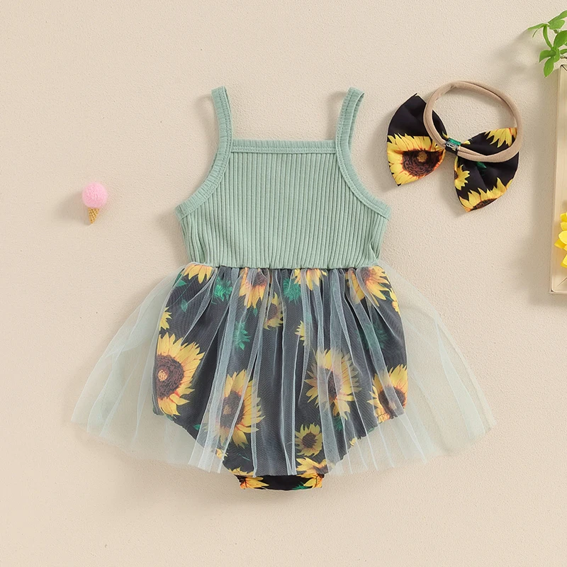 Baby Stram pler Kleid Sonnenblumen Print Spaghetti träger Tüll Rock Saum Baby Body suits Overall Sommerkleid ung mit Stirnband