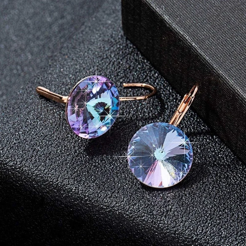 New Fashion Crystal Round Drop Earrings for Women 14K Rose Gold Plated Leverback Hoop Earring Party Wedding Jewelry Gifts