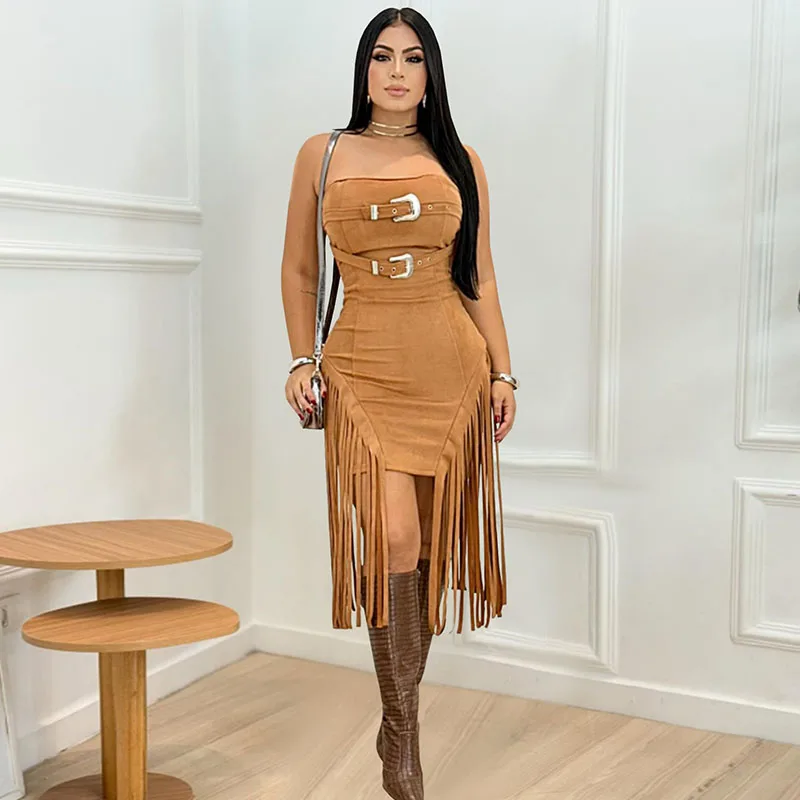 Vestidos Midi sexis sin mangas sin tirantes con dobladillo y borlas para mujer, vestido De noche ajustado con botones De Metal para vacaciones De verano, Vestidos De Fiesta