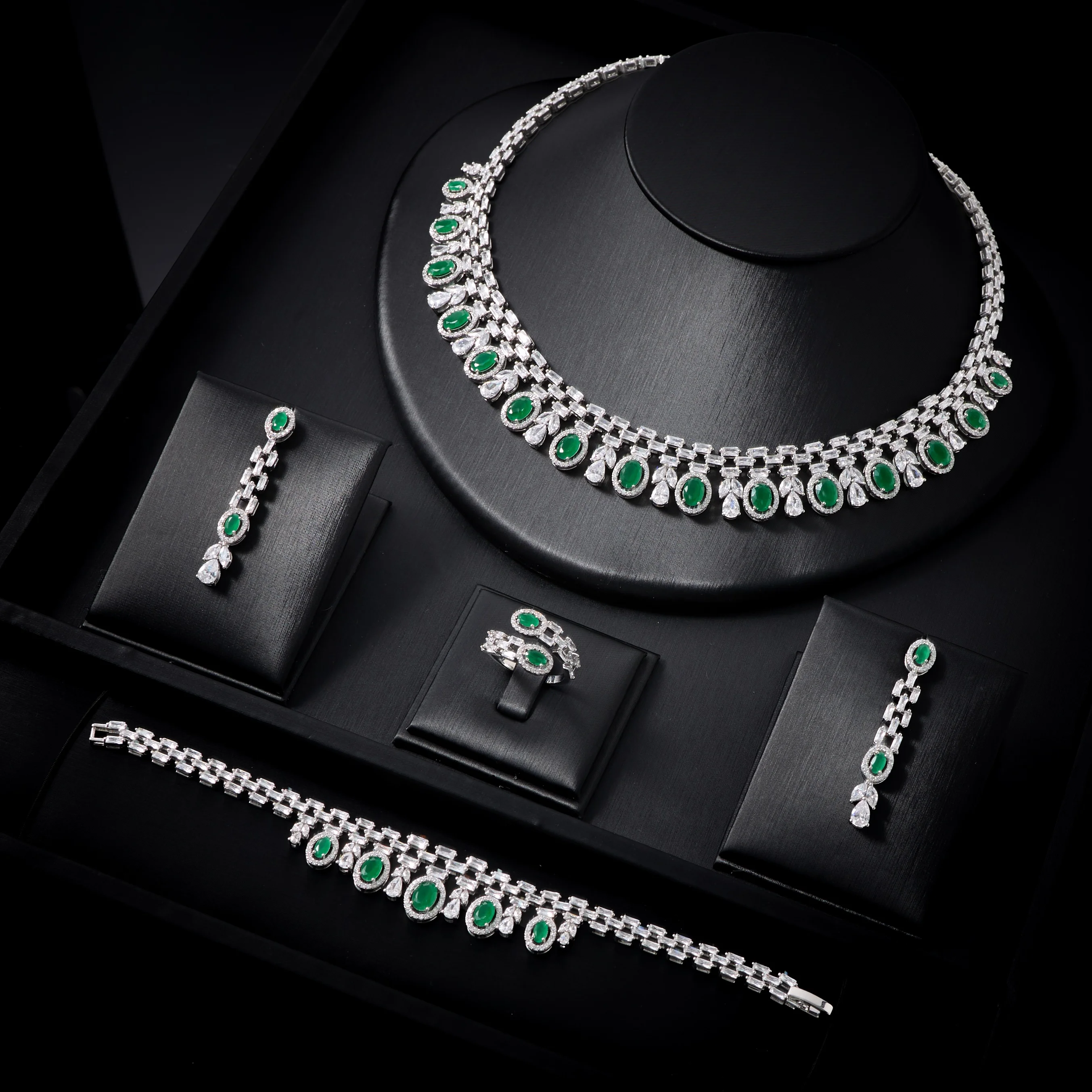 

00014 Necklace Sets for Women4Pcs Sparkling CZ Jewelry Set Women, Silver Crystal Necklace Bracelet Earrings Ring, Elegant Weddin