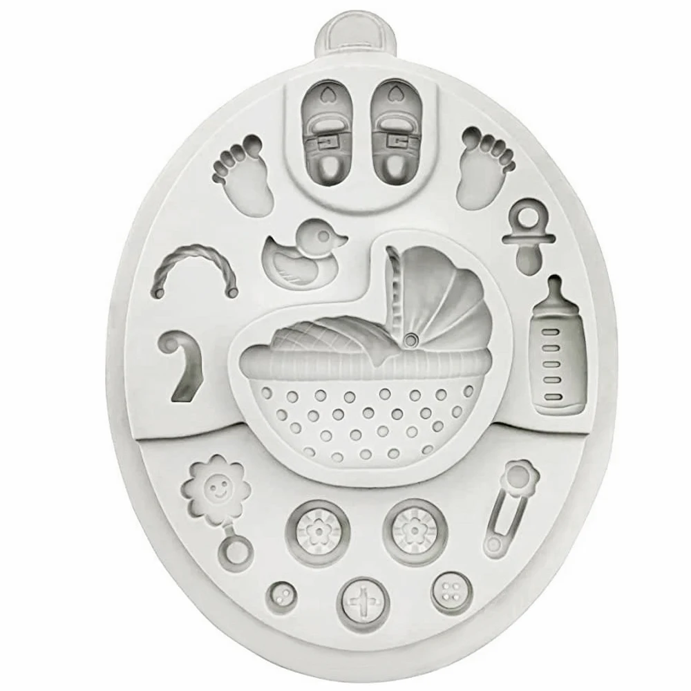 Baby Shower Silicone Fondant Mould Newborn Sugarcraft Cake Chocolate Baking Mold DIY Buttons Shoes Cradle Cart Feeding Bottle