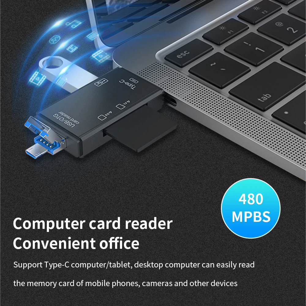 TISHRIC 6 In 1 Card Reader TF Card SD Card USB Type-C Micro USB Memory Card Reader Flash Drive Card Adapter For Computer Phone