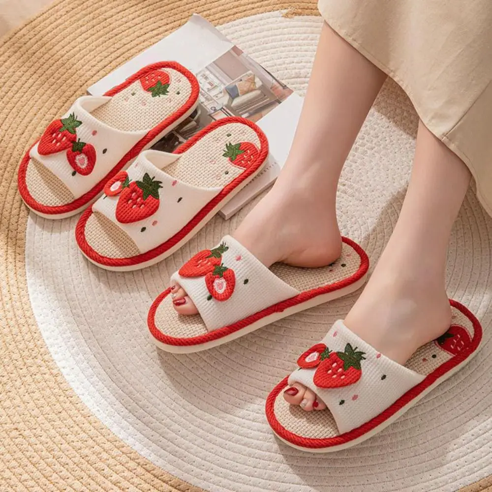 لينة وحيد منزل الكتان النعال المضادة للانزلاق المفتوحة تو الفراولة النعال النساء الكتان تنفس الحلو شبشب منزل غرفة نوم #4