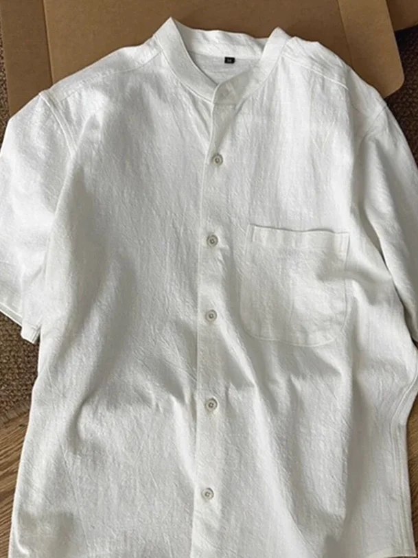 

Casual Cotton Linen irt Men's Single ket Slim Fit ort Sve Stand Collar Linen Breathable Leisure Workwear Trendy