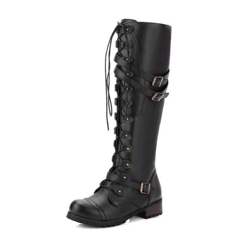 

Winter Boots For Women Trendy Round Toe Mid Heeled Lace Up Knight Boots Platform Shoes Gothic New Punk Solid Women's Boots