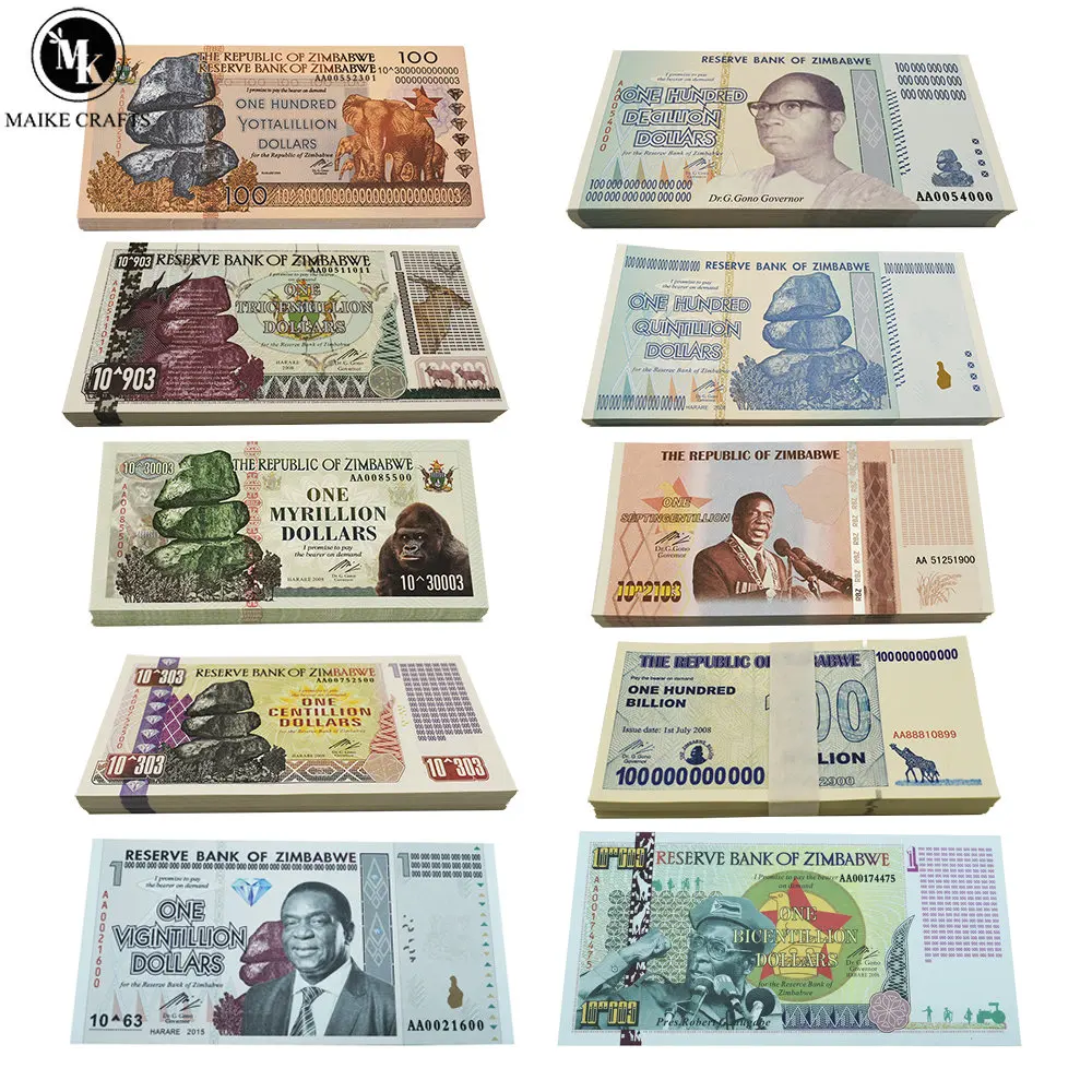 100pcs Zimbabwe Banknotes Fake Money Coenyerfiet Money with Anti-counterfeiting Mark Serial Banknote Commemorative Collection