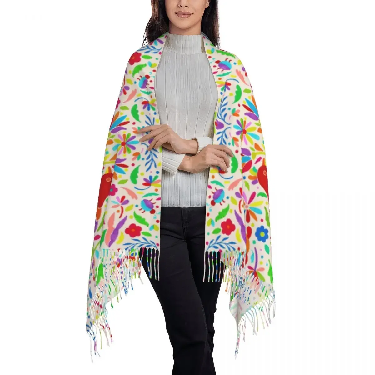 Otomi-bufanda con borla de pájaros de estilo mexicano para mujer, chales cálidos de invierno, envolturas florales folclóricas, bufandas textiles