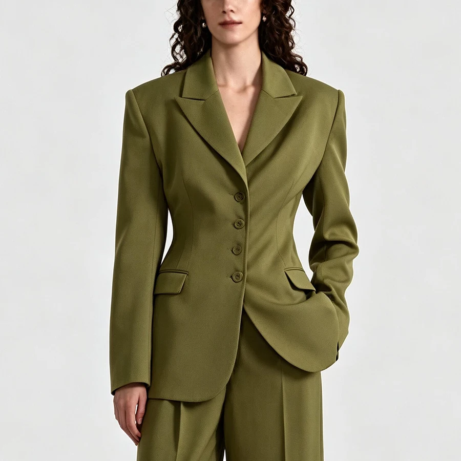 LIMO Premium Olive Green Women's Blazer - Notched Lapel Waist-Fitted Jacket with Flap Pockets, Business Casual Outerwear