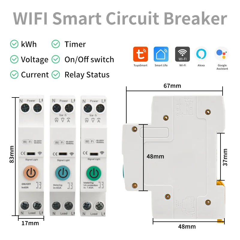 TUYA Smart WiFi Circuit Breaker 1P+N 63A with Energy Metering, APP & Voice Remote Control via Smart Life, DIN Rail