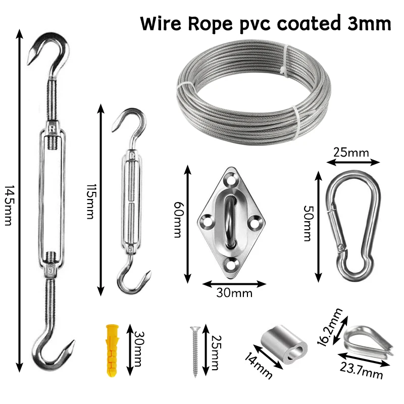 Imagem -03 - Sun Shade Sail Retângulo Hardware Anexos Fio Kit 30m mm Fio Revestido Corda para Instalar Acessório Toldo Aço Inoxidável
