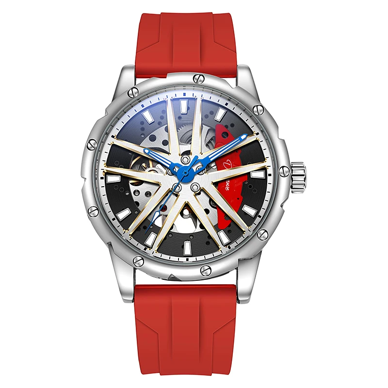Dulunwe Fashion Men Skeleton Automatic Watch Racing Brake Disc Design Dial Red Rubber Band Luminous Sport Mechanical