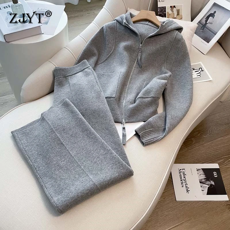 ZJYT Autumn Winter Knitted Hoodies Sweatshirt Pant Sets 2 Pieces for Women Hooded Pullover Sweater Trousers Suit Outfit Female