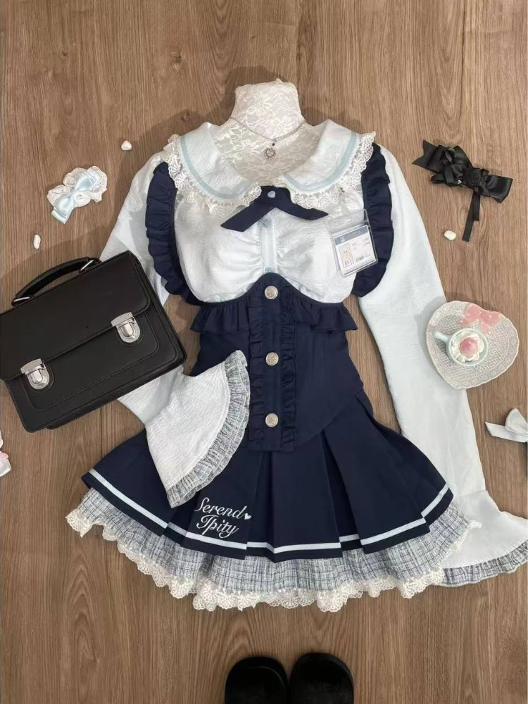 

Japanese Preppy Style Sweet Lolita 3 Piece Sets Women Y2k Shirt Tops Slim Vest Mini Pleated Skirt Korean Female JK Uniform Suits