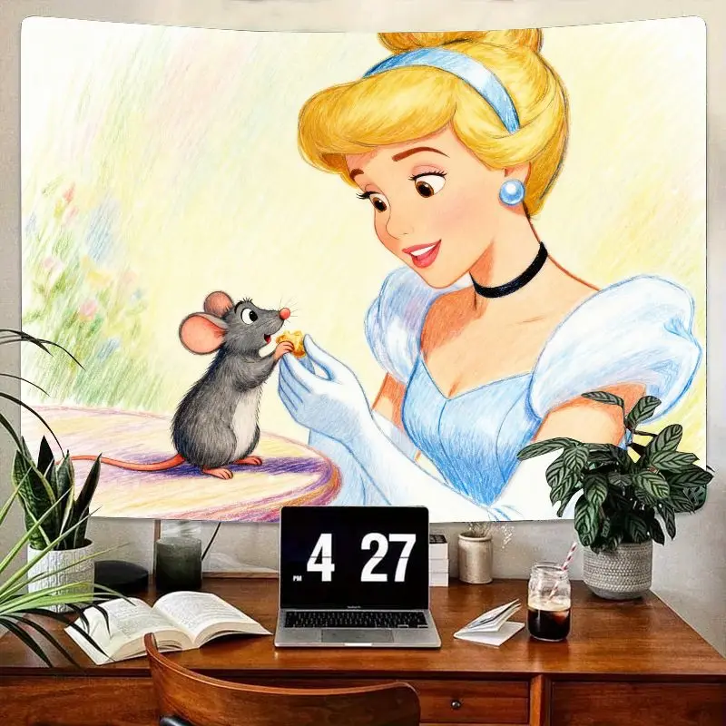 

1PC Disney Cinderella & Cute Mouse Tapestry, Charming Princess Wall Art Polyester Decor for Girls Bedroom Living Room, Fairytale