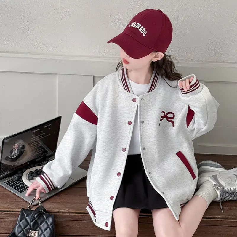 Teen Girls Casual Jacket Spring Autumn New Bowkont Letter Print Single-Breasted Baseball Coat For 5-14Y Kids Sport Outerwear - view 2