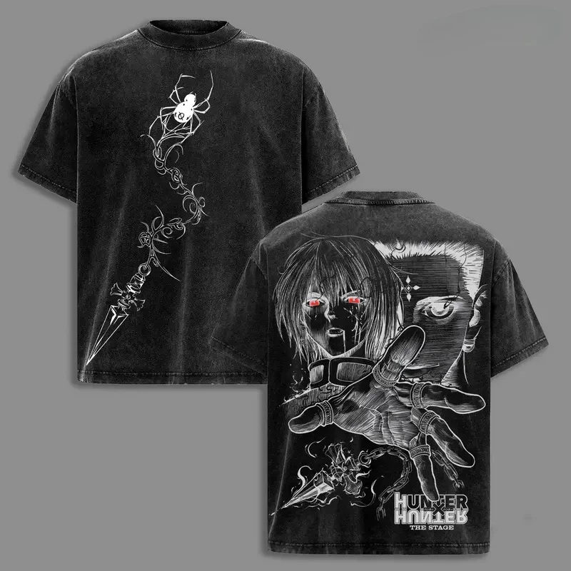 Kurapika Chrollo Print T-shirt Anime Hunter x Hunter Clothing Men Women Cotton Tshirts Retro Washed T Shirt Harajuku Male Tops
